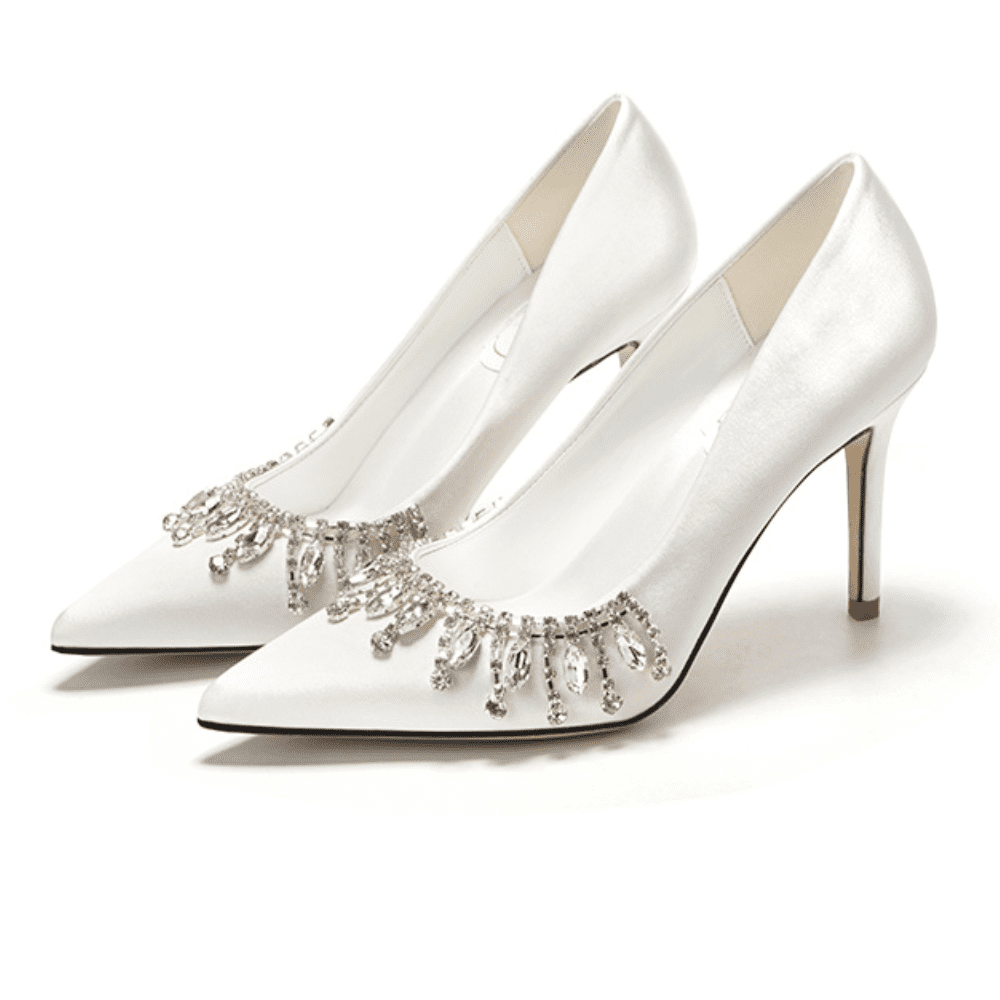 REVOGUER Wedding Shoes 3.5 inch Stiletto Heel Pumps with Rhinestone Glitter for Pregnant Bride Bridesmaid Closed Toe Women Mary Jane Wedding Dress Shoes -