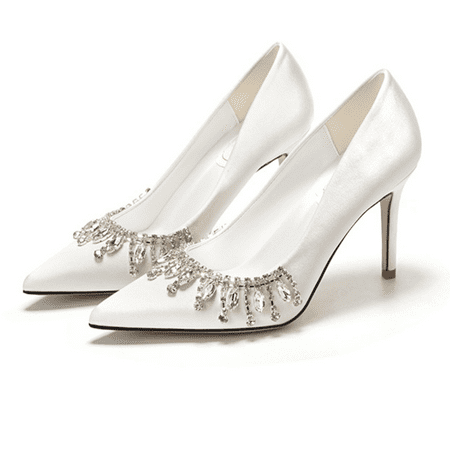 

REVOGUER Wedding Shoes 3.5 inch Stiletto Heel Pumps with Rhinestone Glitter for Pregnant Bride Bridesmaid Closed Toe Women Mary Jane Wedding Dress Shoes