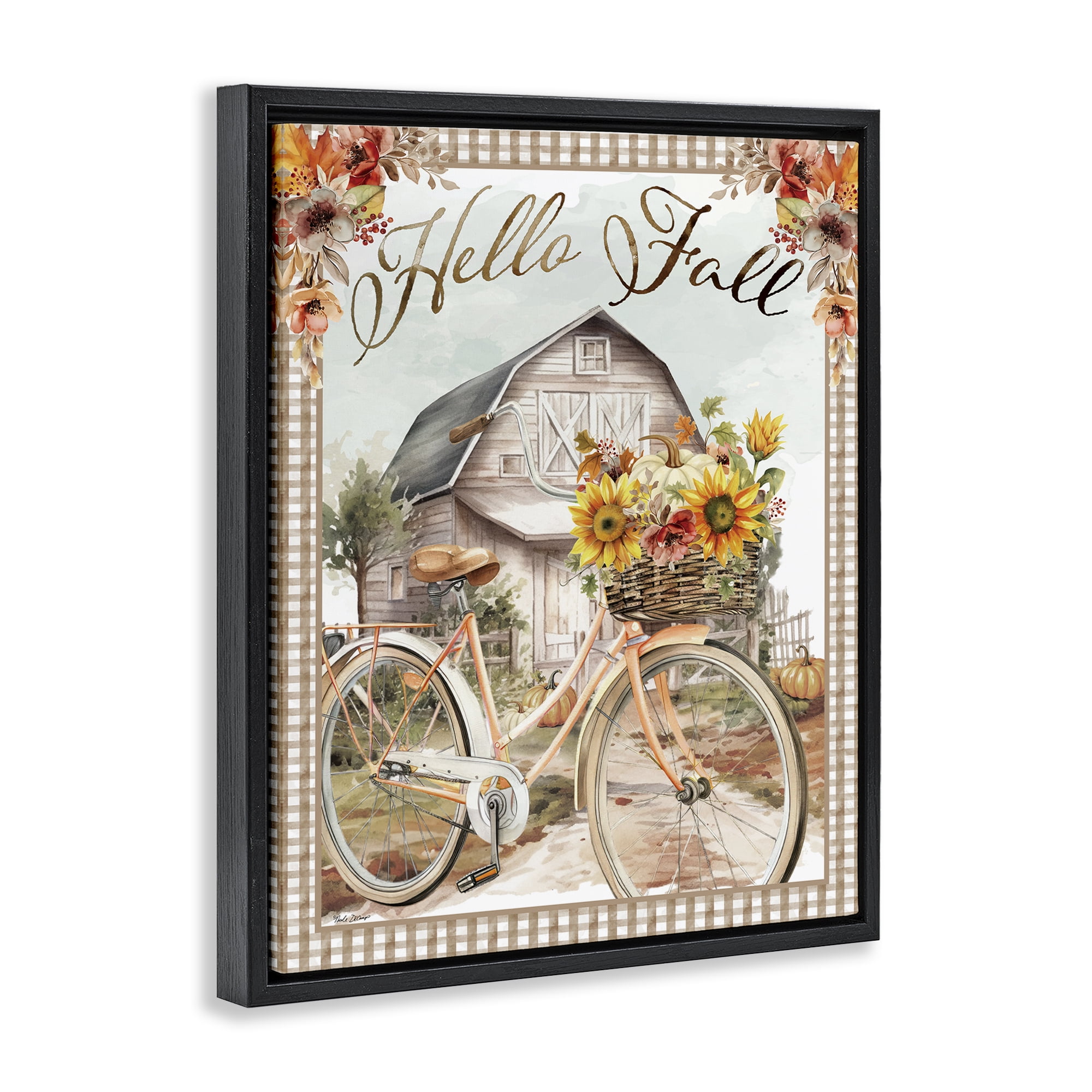 Stupell Industries Hello Fall Cottage Bicycle Botanical & Floral Painting Black Floater Framed Canvas Art Prints Wall Art, 25 x 31