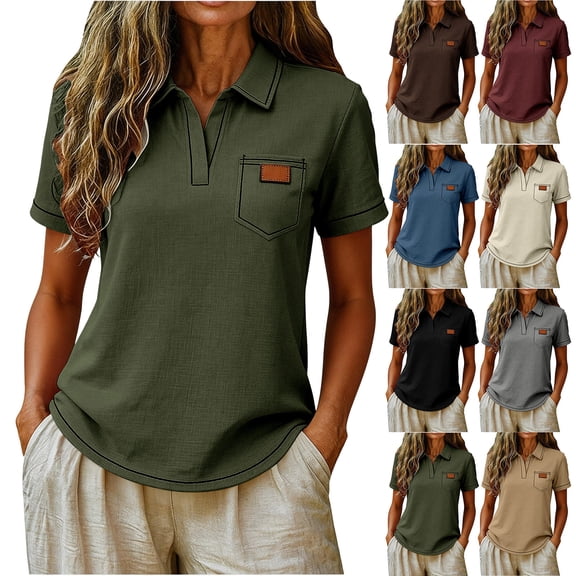 ZUBKTE Women's Short Sleeve V-Neck Business Casual Work Collared Tops S-2XL