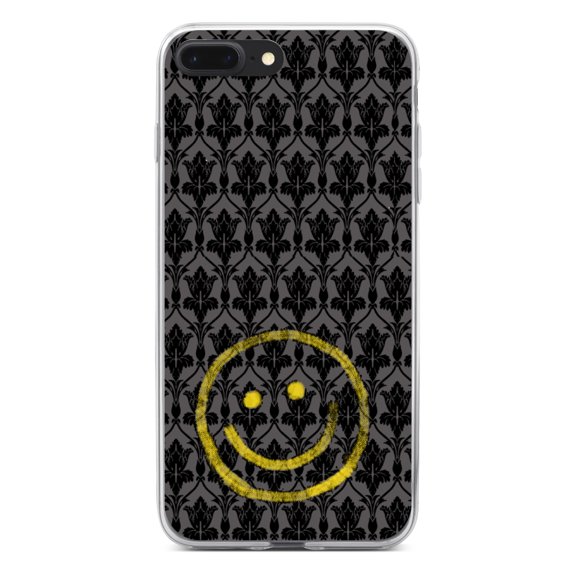 DistinctInk Clear Shockproof Hybrid Case for iPhone 7 PLUS / 8 PLUS (5.5" Screen) - TPU Bumper, Acrylic Back, Tempered Glass Screen Protector - Yellow Smiley Face Black Grey Damask