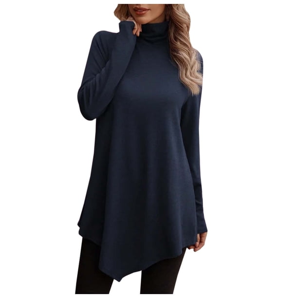 Top informal de manga larga, cuello alto y corte holgado de punto liso para mujer, tallas grandes