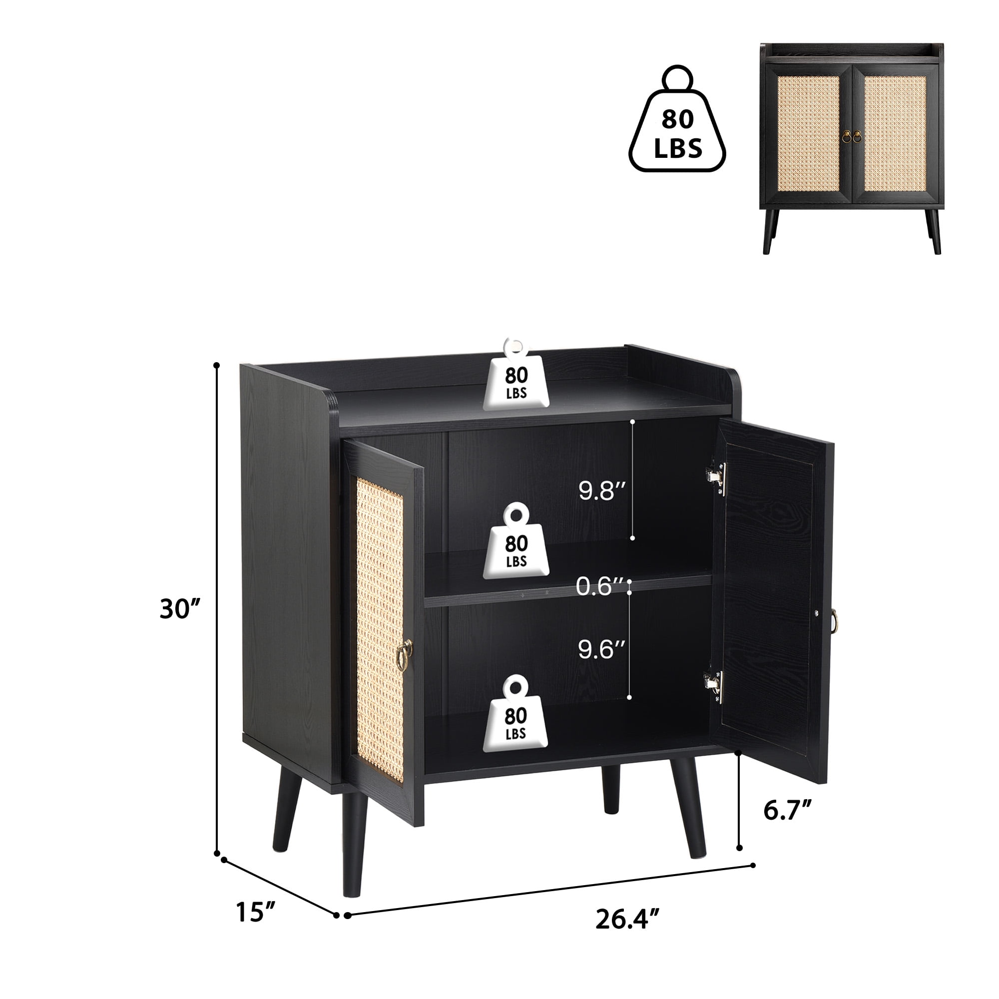 MAYEERTY Black 15*26*30"Rattan Decorated Sideboard Buffet & Liquor Bar Cabinet for Dining Room & Hallway