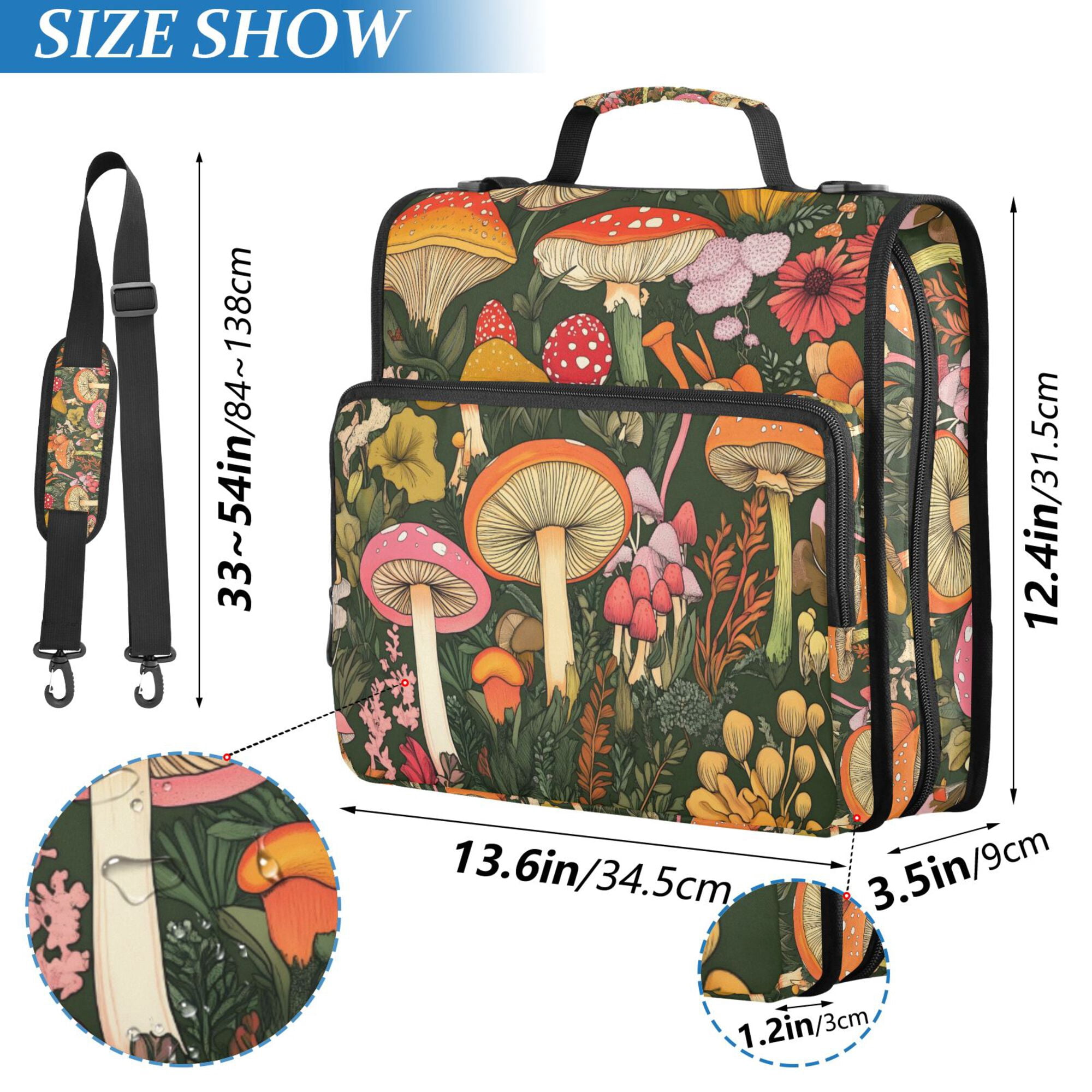 FORMRS Zipper Binder with Shoulder Strap 2-inch Ring 500 Sheet Capacity File Bag, Colorful Mushroom
