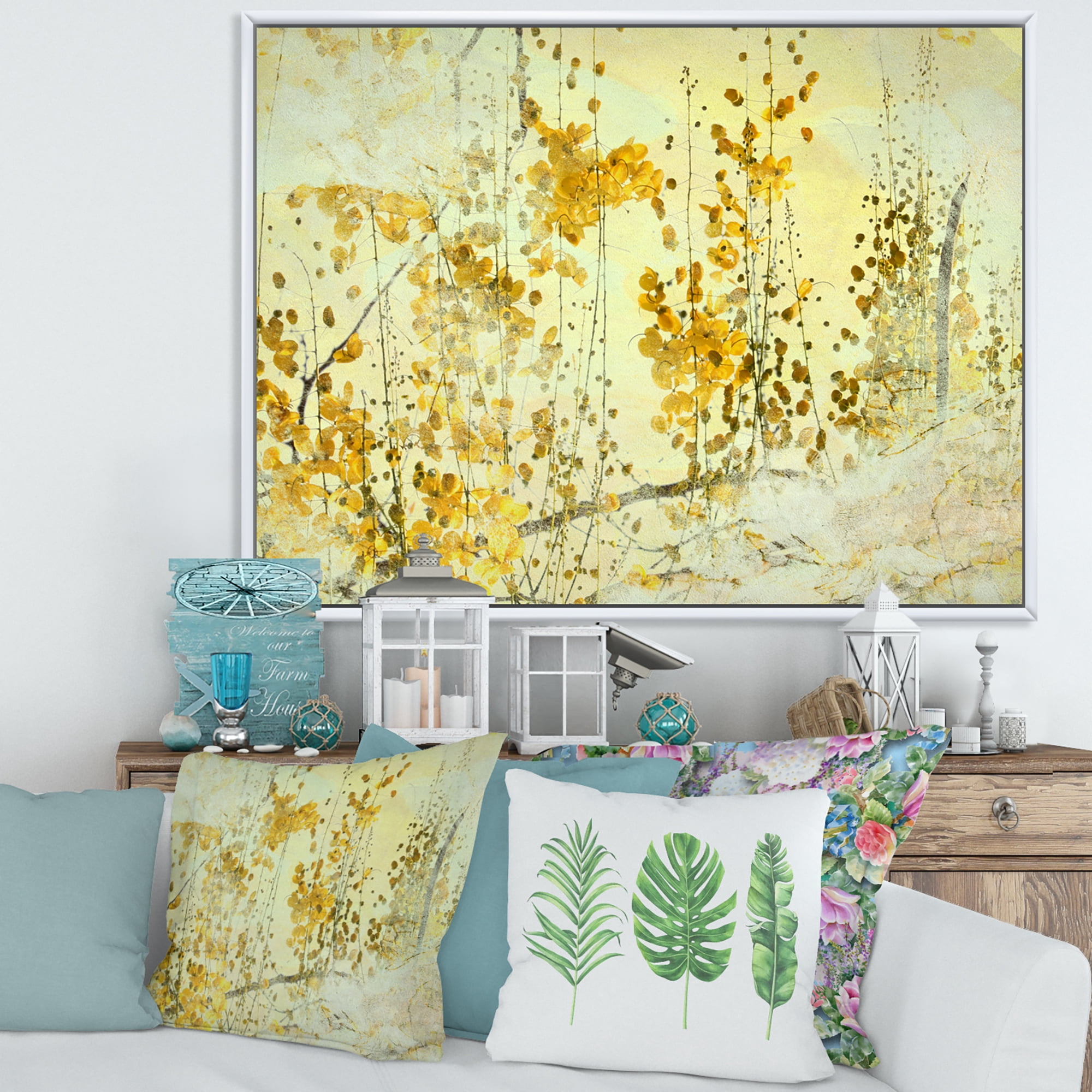 Designart 'Abstract Yellow Flower Grunge Art' Modern Framed Canvas Wall Art Print