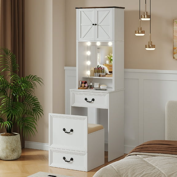 VKCC Smart Compact Vanity Desk with LED Lights, Dressing Table Set with Charging Station & Storage, White