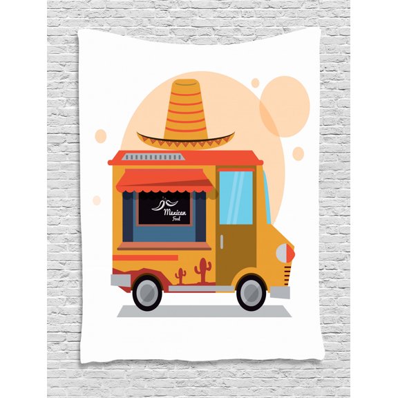 Taco Tapestry, Mexican Fast Food Delivery Truck with A Big Sombrero Hat Graphic, Wall Hanging for Bedroom Living Room Dorm Decor, 40W X 60L Inches, Earth Yellow Peach Vermilion, by Ambesonne