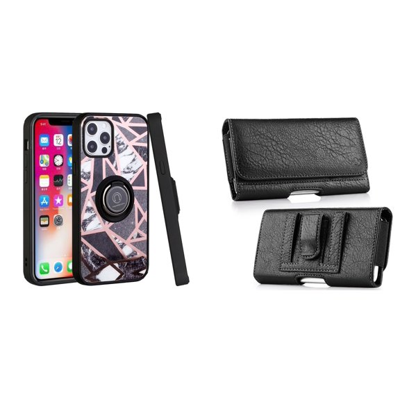 Bemz Ring Series Case for iPhone 14 Pro Max (TPU Silicone Cover with Magnetic Stand) and PU Leather Coin Card Wallet Belt Holster Pouch - Black White Marble