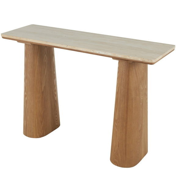 DecMode 47" x 32" Brown Wood Rectangular Console Table with Rectangle Beige Marble Tabletop, 1-Piece