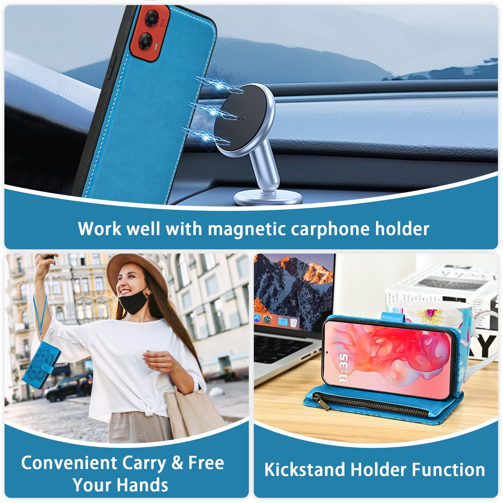Asuwish Phone Case for Motorola Moto G Stylus 5G 2024 Zipper Wallet Magnetic Detachable Cell Cover with Tempered Glass Screen Protector Crossbody Strap Flower Card Holder Slot G5 Women Girls Blue