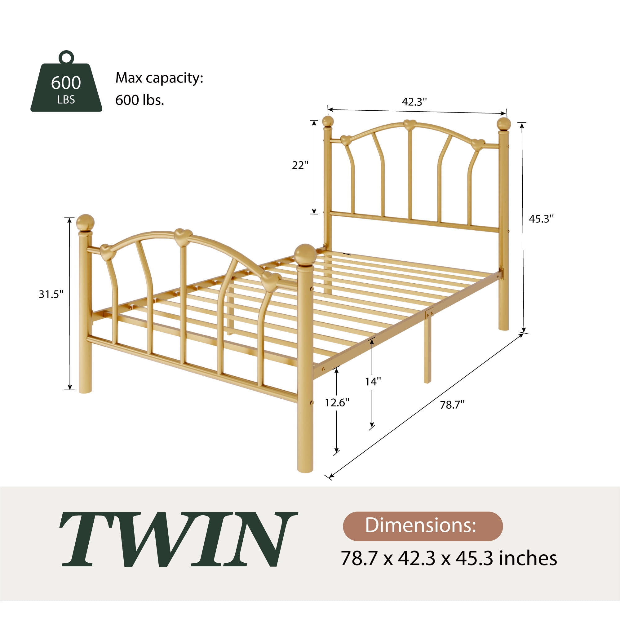 Amolife Twin Bed Frame, Metal Platform Bed with Heart-Shaped Headboard and Footboard, 12.6'' Under-Bed Storage Space, No Box Spring Needed, Gold