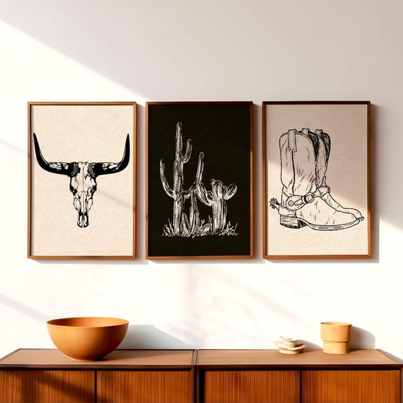 Luvia Set Of 3 Cowboy Western Wall Posters, Black And White Southwest Decor, Minimalist Gallery Poster, Southwest Landscape, Modern Decor Set 3 Prints 8x12 UNFRAMED