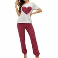 thumbnail image 2 of Aobny Womens Summer Pajamas Sets Ribbed Heart Red Pjs Jogger Ankle Crew Neck Pajamas for Women Set,S, 2 of 6