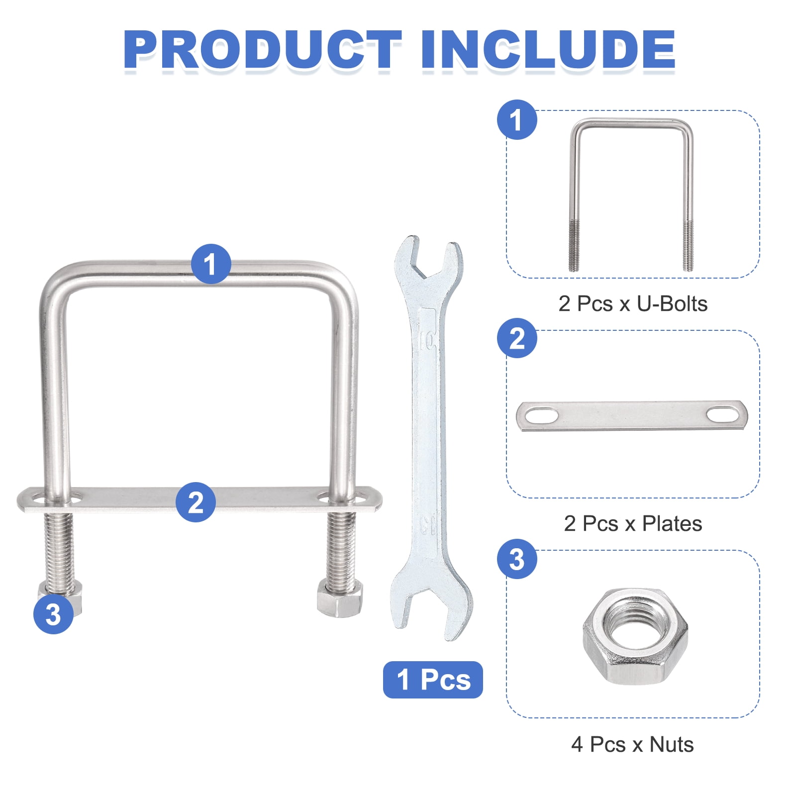 Uxcell 2 Sets M12 Square U-Bolts, 3.62" Inner Width 5.12" Length 304 Stainless Steel U Clamp Bolts with Nuts, Plates and Wrench