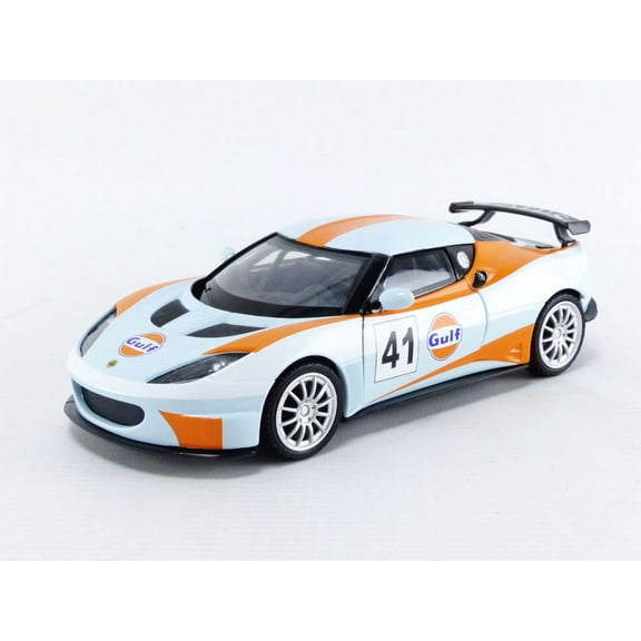 Lotus Evora Gt4 #41 Gulf Oil Light Blue With White And Orange Stripes 1/24 Diecast Model Car By Motormax 79660