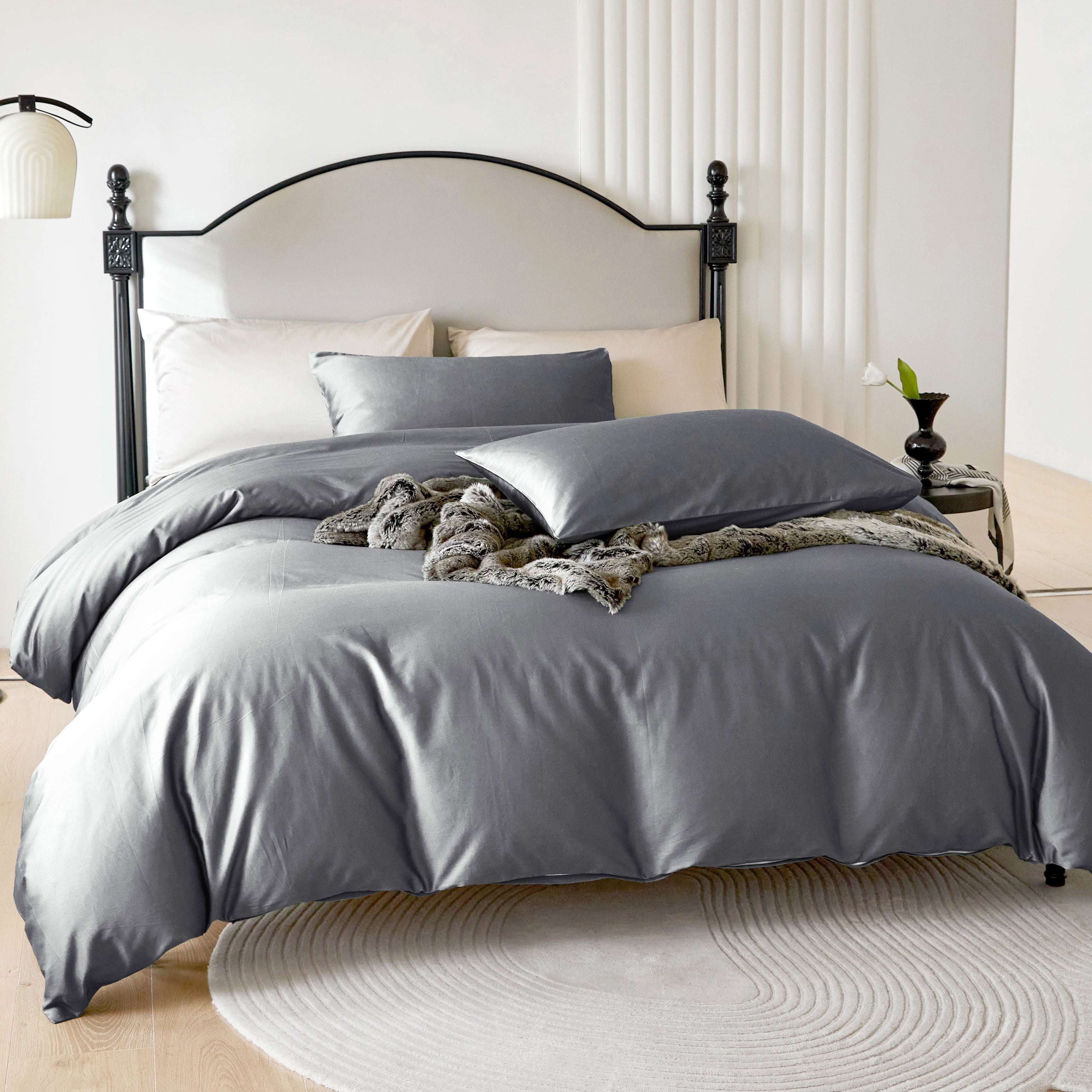 PURE ERA Long Staple Cotton Duvet Cover Pillow Shams Set 800TC Bedding Sateen Silky Soft Luster Urban Gray Queen