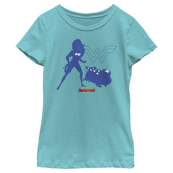 Girl's DC League of Super-Pets Wonder Woman and PB Silhouette  Graphic Tee Tahiti Blue Medium