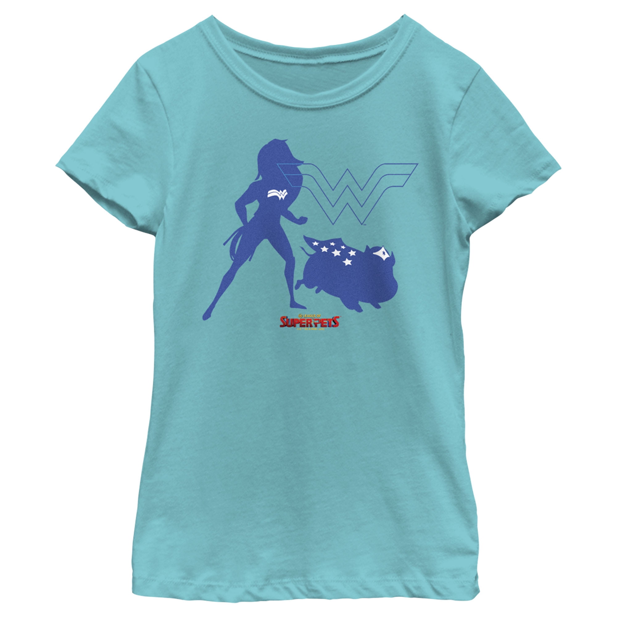 Girl's DC League of Super-Pets Wonder Woman and PB Silhouette Graphic Tee Tahiti Blue Medium