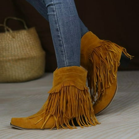 

Yinguo Women s Fashion Plus Size Winter Aad Heel Square Head Fringe Boots Short Boots