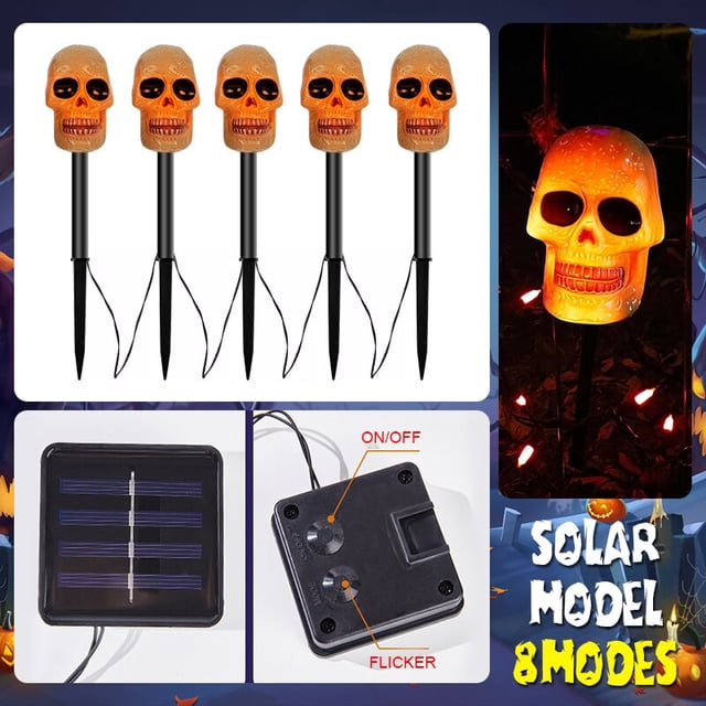 Estacas de calavera LED 3D para decoración de Halloween, luces solares y con pilas para camino de patio, porche, césped, decoración de jardín