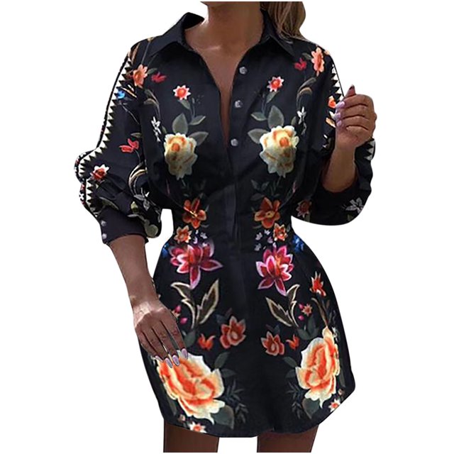 CEHVOM Robe pour Femmes à Boutons, à Coutures, à Manches Longues, Imprimée, à Taille, à Manches Lanterne