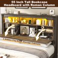 thumbnail image 2 of Blotout Farmhouse King Size Bed Frame with 55" Tall Storage Bookcase Headboard & 4 Drawers, Wood Platform Bed Frame with 24" Roman Colum Footboard, LED Light, Charging Station, No Box Spring Needed, 2 of 8