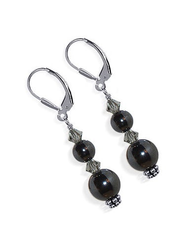 Semi-Presious Stone, Hematite and Sterling Silver Dangle Earrings Black Earrings Jewelry