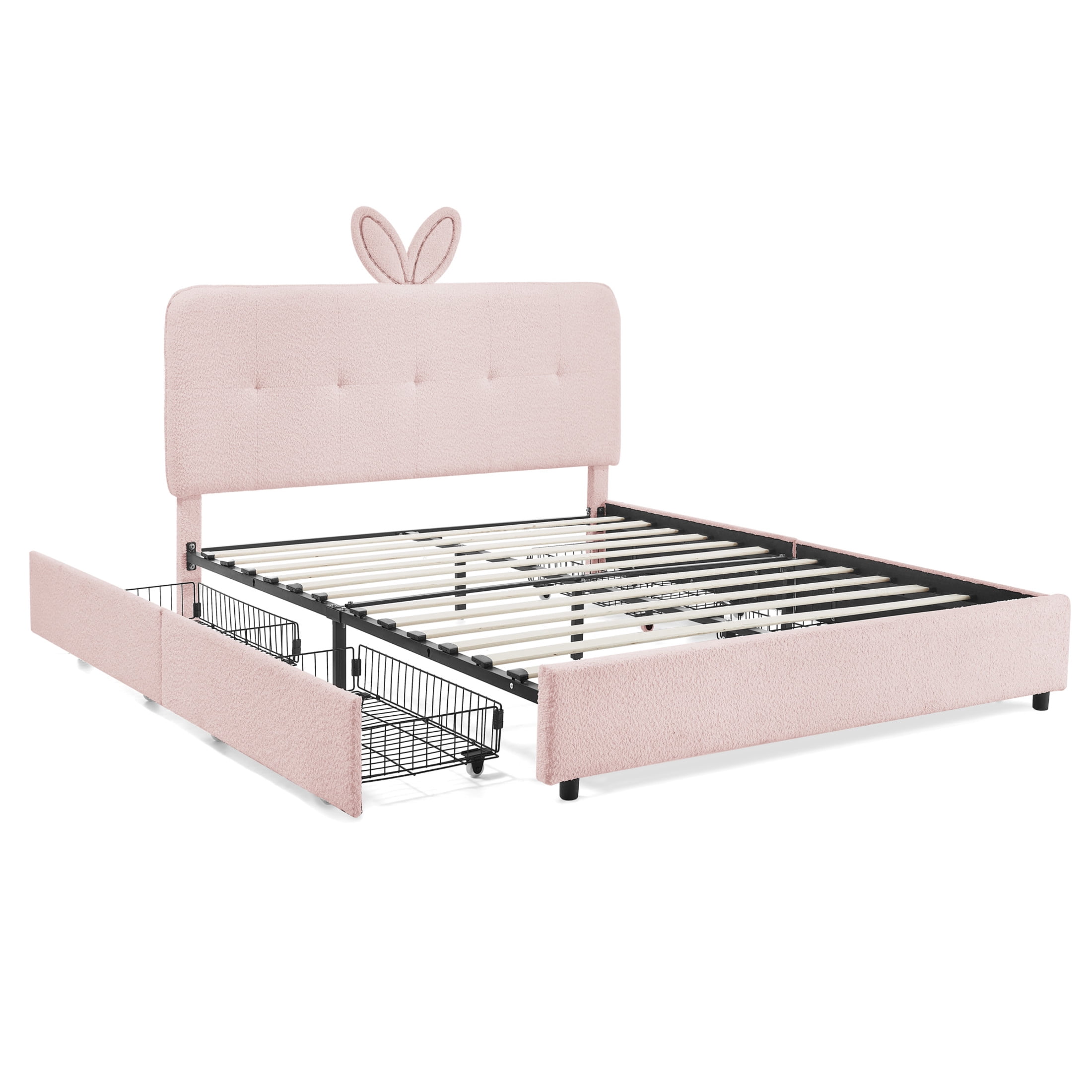Noble House Bertis Full Size Boucle Kids Bed, Rabbit Ear Headboard Bed Frame with LED Light and Storage Drawers, Pink