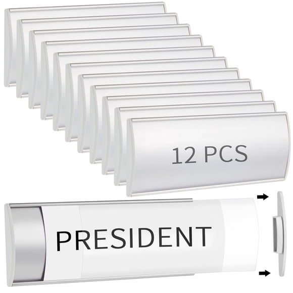 Therwen 12 Pcs Aluminum Office Name Plate Holder for Door Wall Mount 8'' x 3'' Business Sign Holder Office Door Sign Sturdy Curved with Plastic Film