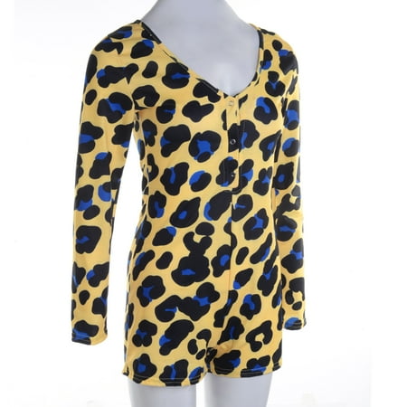 Sexy Women Deep V-neck Bodycon Sleepwear Jumpsuit Button Bodysuit Shorts Romper Bodysuit Leotard Long Sleeve Print Bodysuit
