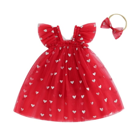 

Bagilaanoe Newborn Valentine s Day Outfits Baby Girl Romper Dress Heart Print Fly Sleeve Bodysuits + Headband 3M 6M 12M 18M 24M Infant Tulle Patchwork A-line Dresses