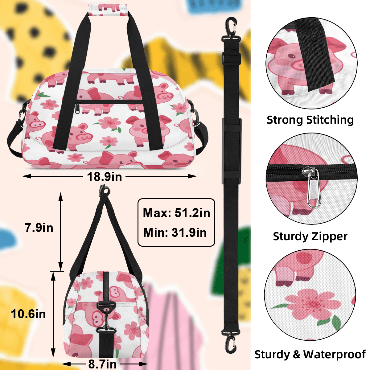 Herdesigns Pig Sports Duffle Bag for Women & Men, Pink Gym Bag Dance Bag Overnight Bag Carry On Weekender Travel Bag