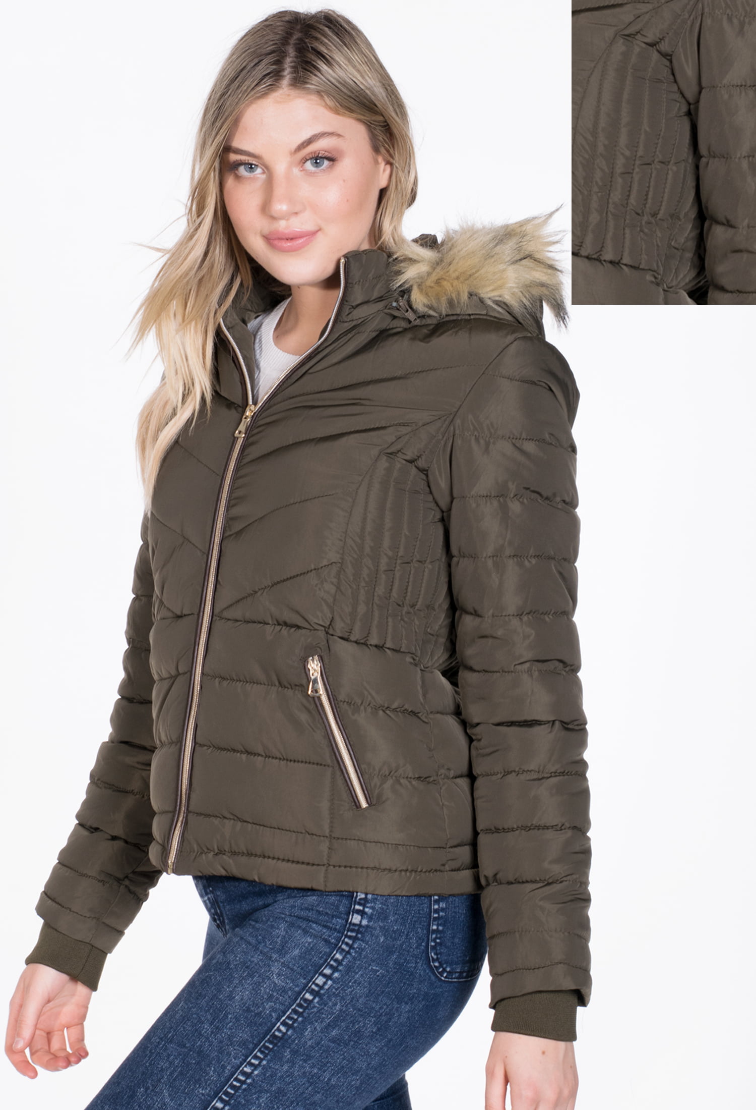 Special One - Women's Puffer Jacket with Detachable Hood, Side Stitch ...
