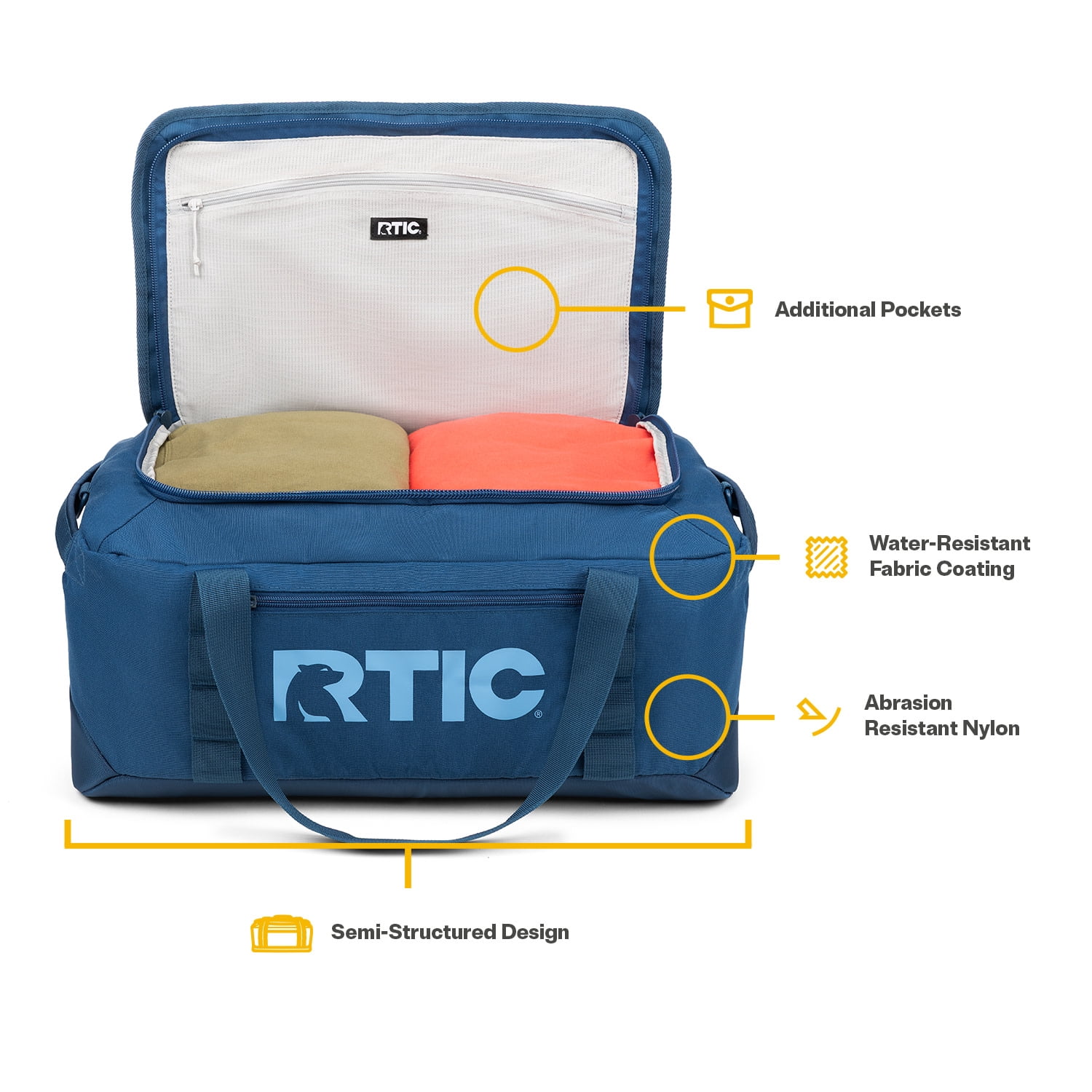 RTIC Road Trip Duffle Bag, Medium, Water Resistant, Durable Fabric, Navy & Denim