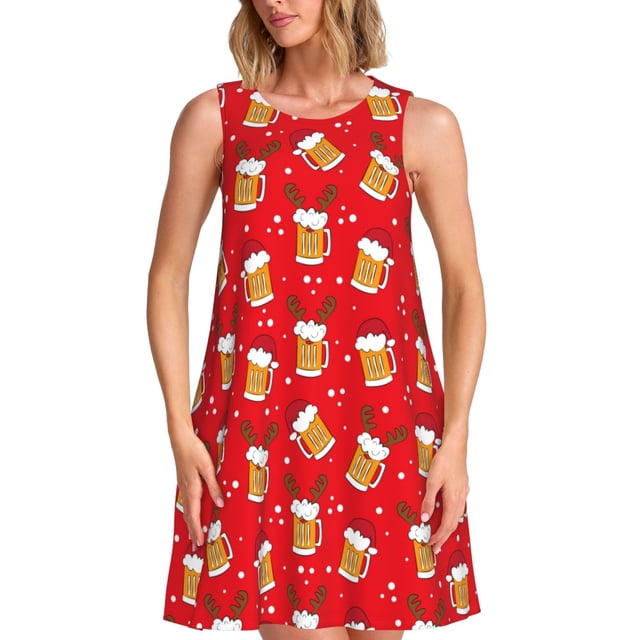 Fotbe Christmas Hat beer Vestido de Verano sin Mangas para Mujer – Vestido Midi Línea A, Estilo Camiseta Floral, Vestido Playero Casual y Fluido