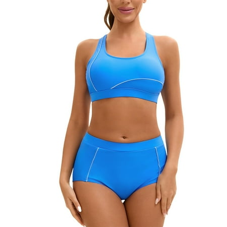 Ovticza Women s High Waisted Bikini Sets Sporty Two Piece Swimsuits Color Block Cheeky High Cut Bathing Suits Sky Blue 2XL