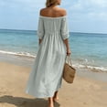 thumbnail image 7 of Horkkom Off the Shoulder Dresses for Women Solid Color Short Sleeve Maxi Dresses Summer Loose Flowy Dresses, S-3XL, 7 of 7