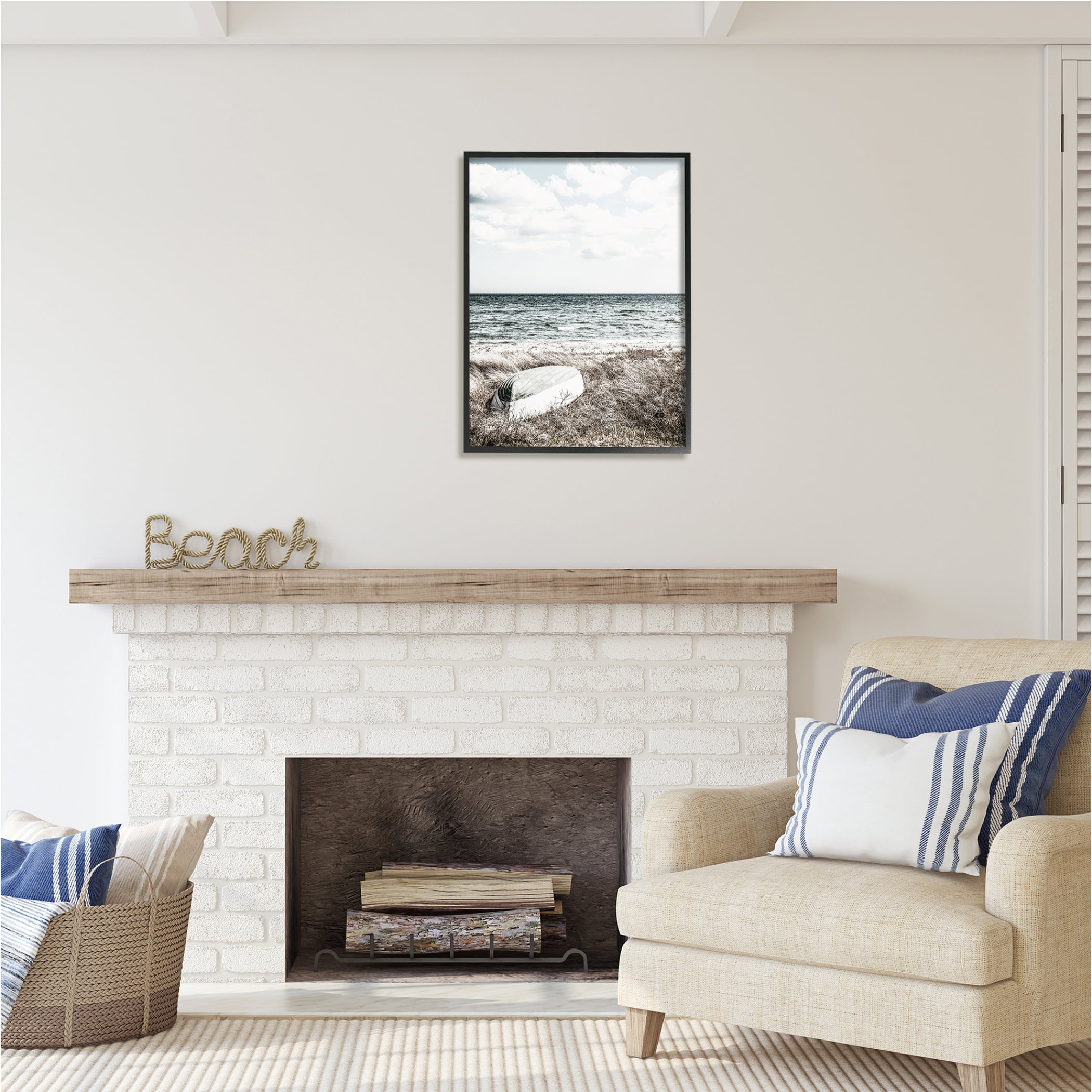 Stupell Industries Boat on Beach Coast Nature Photography Black Framed Art Print Wall Art, 24 x 30