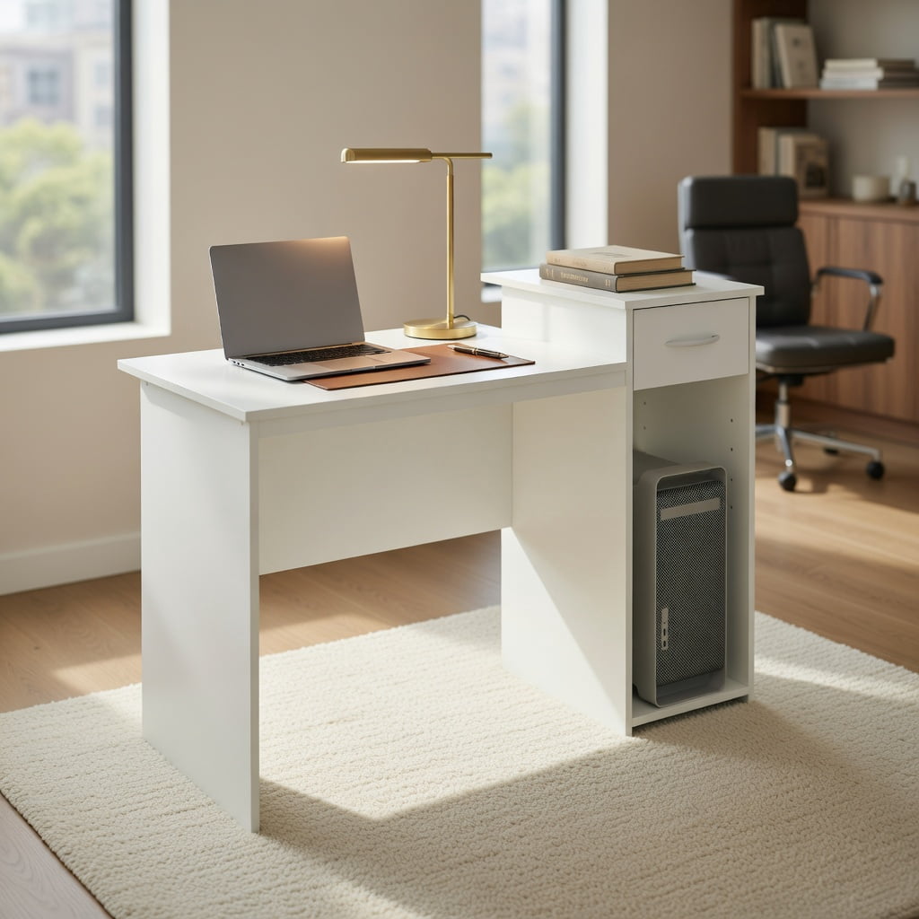 Yardi Yard Computer Desk with Drawer Modern Laptop PC Desk with Adjustable Shelf and Cable Hole-White, Computer Desk, Gaming Computer Desks for Study,Working,Writing