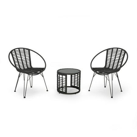 Zeferino Outdoor Modern Boho 2 Seater Wicker Chat Set with Side Table, Gray and