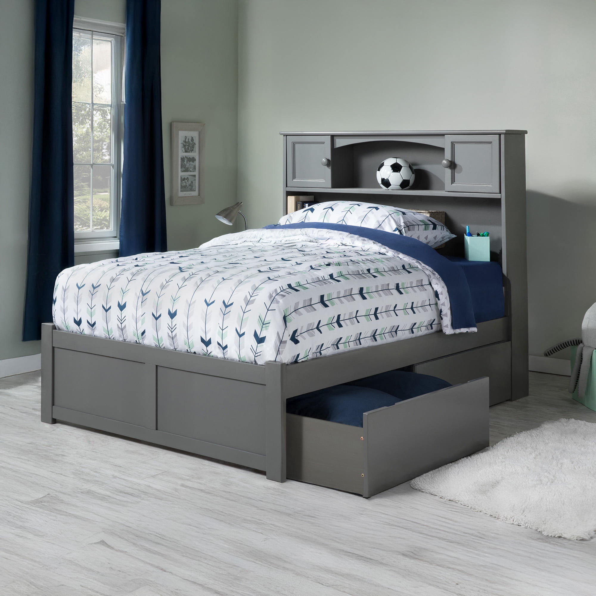 AFI Newport Full Solid Wood Platform Bed with Footboard & 2 Storage Drawers, Grey