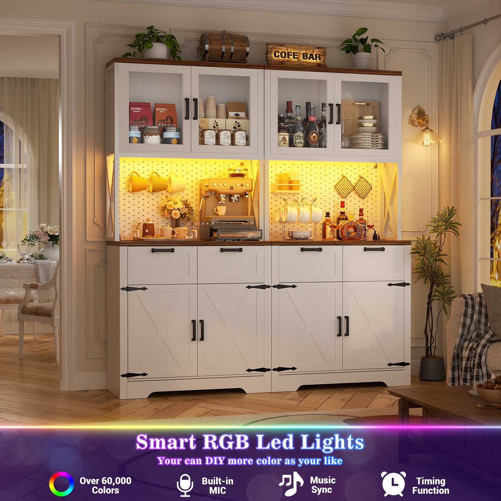 Homieasy 71'' Tall Kitchen Pantry Storage Cabinet with LED Light & Outlet, Kitchen Hutch Cabinet with Large Countertop, DIY Pegboard and Drawers, Farmhouse Food Pantry, White & Brown 2 Pack