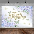 thumbnail image 4 of Women’s Birthday Party Backdrop Banner - Purple Floral Butterfly Design for Cake Table Decor, Happy Birthday Background 6x4 FT, 4 of 5