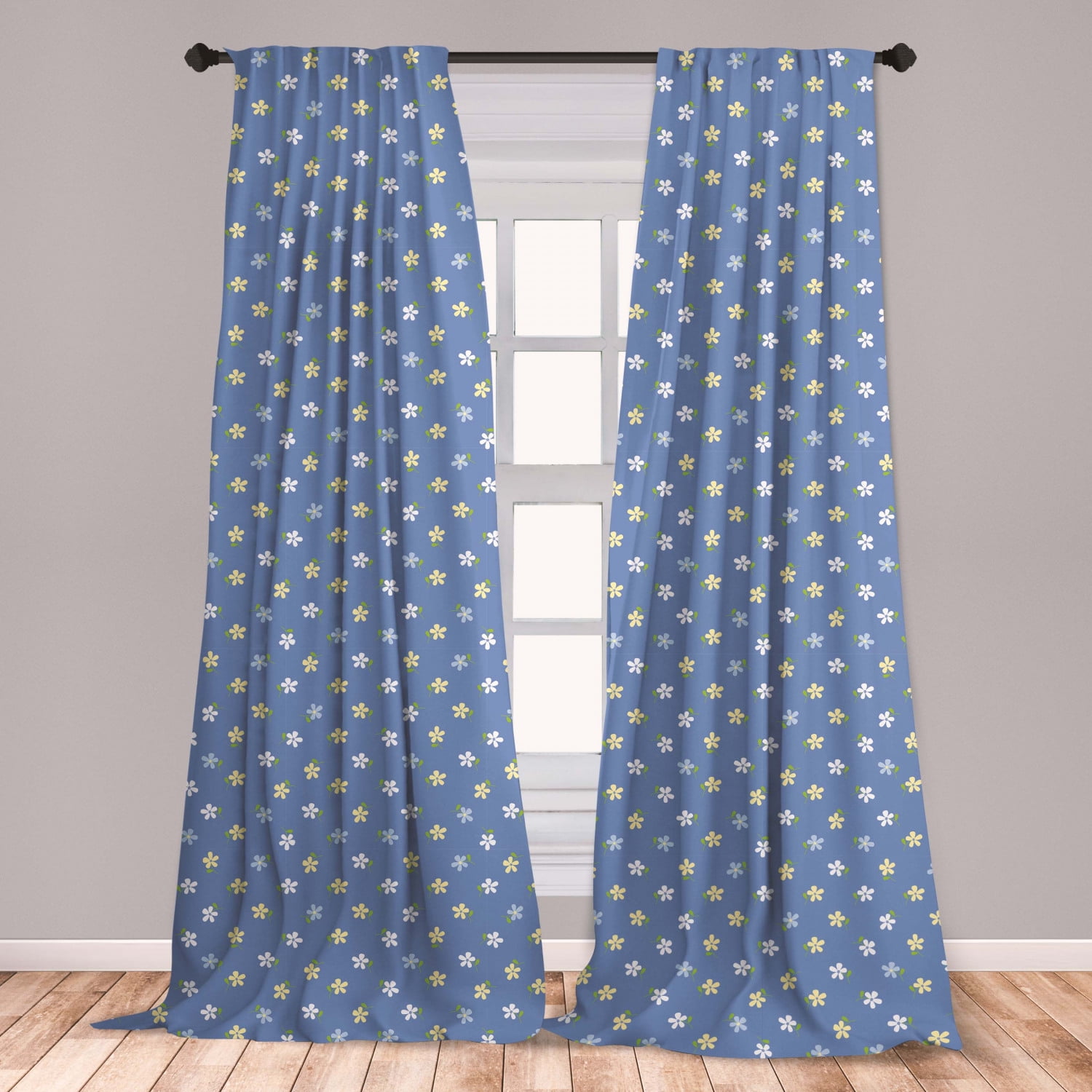 Floral Curtains 2 Panels Set, White and Yellow Small Daisy Flowers