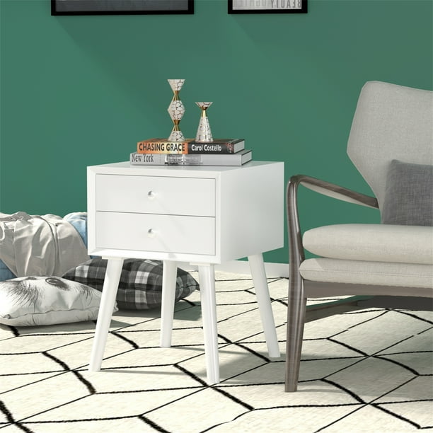 Costway Mesilla de Noche con 2 Cajones Mesita de Madera Multiuso para Dormitorio Salón Blanco 40,5 x 40,5 x 60 cm