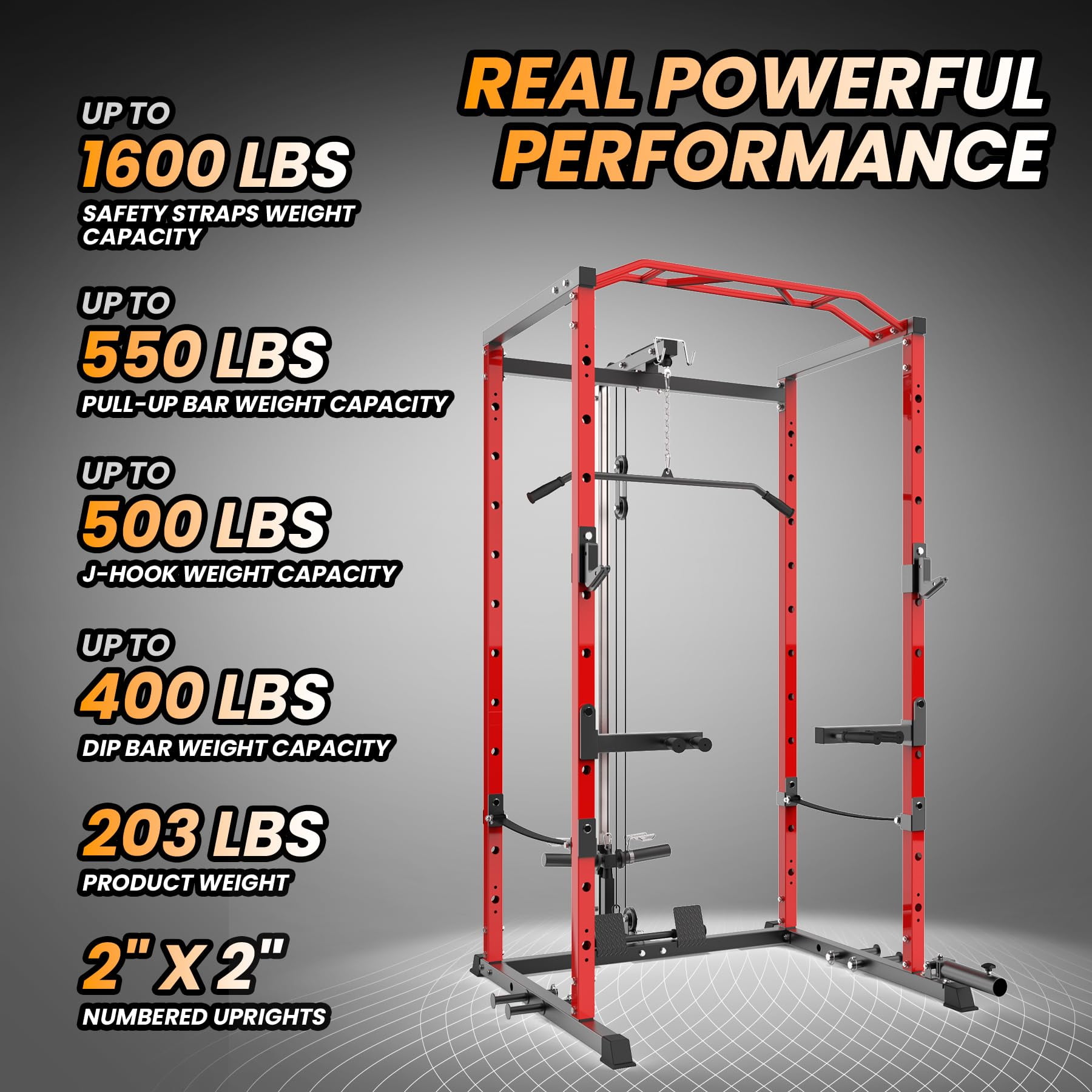 TROPOW Power Cage with LAT Pulldown, Multi-Functional Power Rack with Cable Pulley System and J-Hooks, Squat Rack with Dip Bars and Landmine Attachment, Weight Cage for Home Gym Equipment,Red