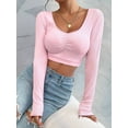 thumbnail image 4 of Women'S Long Sleeve Going Out Crop Top Pleated Trendy Shirt Sweetheart Neck Y2K Ruched Cropped Tops Pink S, 4 of 9