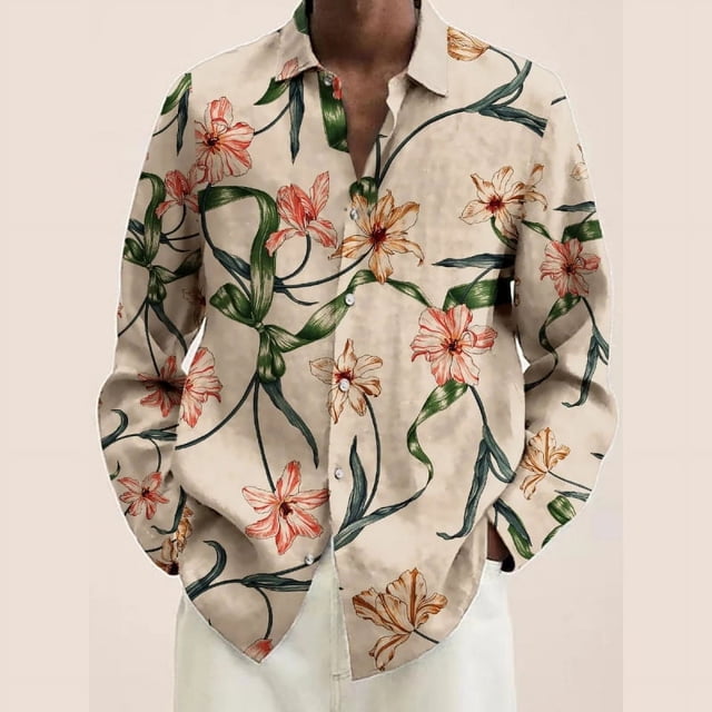 Camisa de manga larga para hombre con estampado 3D de hojas y plantas, camisa informal de moda con solapa y botones, camisa de gran tamaño para primavera y otoño
