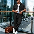 thumbnail image 4 of Mens 2 Piece Linen Set Summer Beach Button Down Short Sleeve Work Shirt Long Pant Vacation Casual Outfit Size 3XL Black, 4 of 6