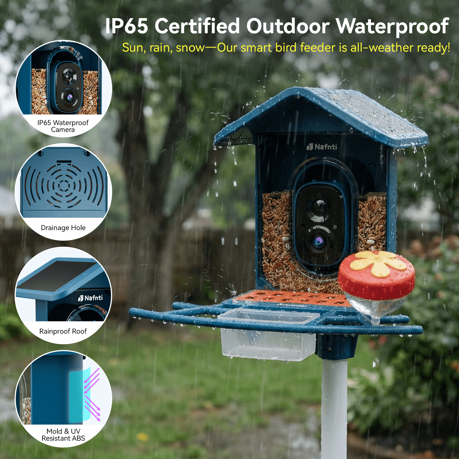 Nafnti Smart Bird Feeder with Camera, 2K HD Bird Camera Solar Powered, 5GHz/2.4GHz, 10000+ AI Bird Identification & Instant Alerts, IP65 Waterproof, Gift for Bird Lovers, Blue